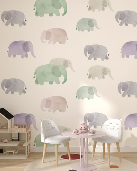 Tapete mit bunten Elefanten Muster auf hellem Hintergrund fürs Kinderzimmer