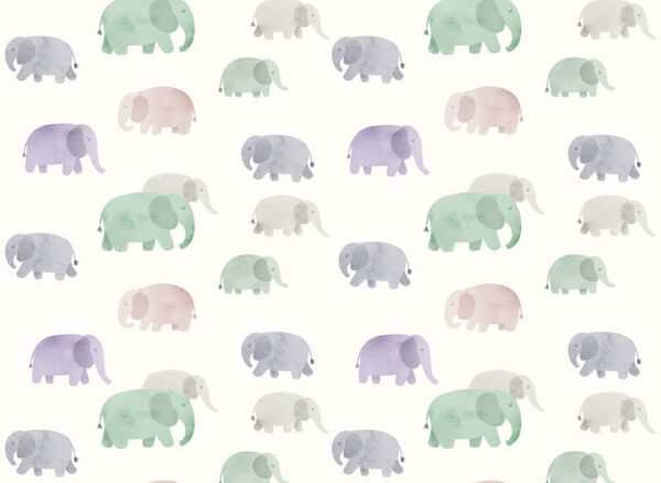 Kindertapete mit bunten Elefanten Muster auf hellem Hintergrund