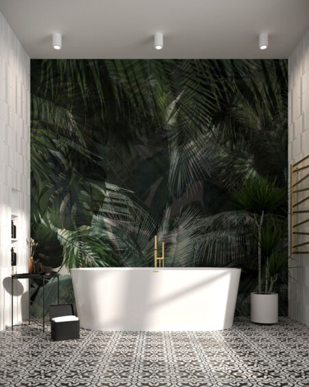 Fototapete tropische Blätter in dunklen Grüntönen auf dunkelgrauem Hintergrund fürs Badezimmer