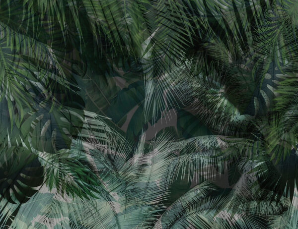 Fototapete tropische Blätter in dunklen Grüntönen auf dunkelgrauem Hintergrund