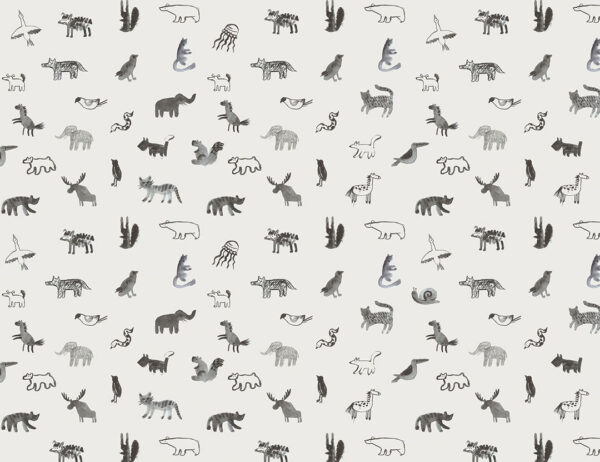 Kindertapete Muster mit kleinen Skizzen verschiedener Tiere in Grautönen auf beige-grauem Hintergrund