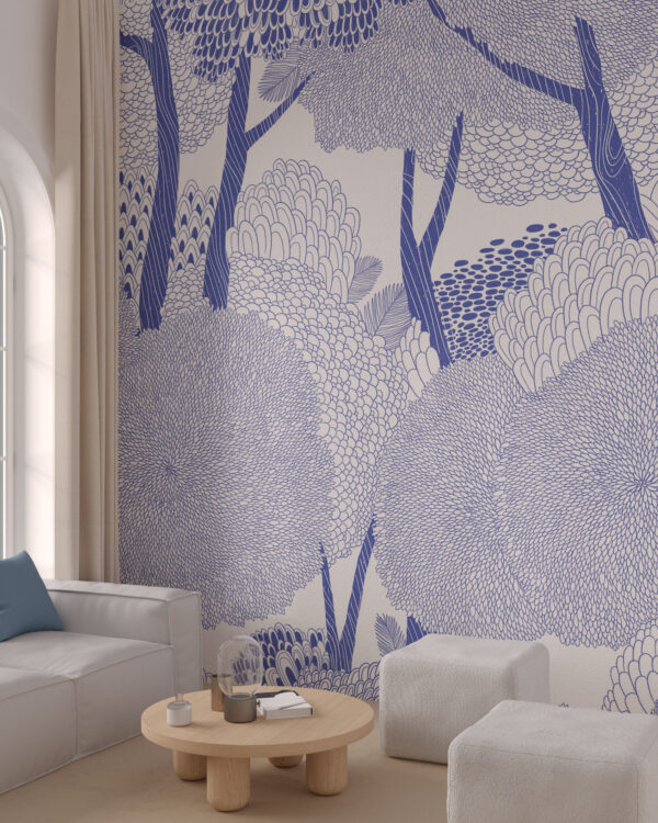 Exklusive Tapete mit grafischen Bäumen in Blautönen auf weißem Hintergrund