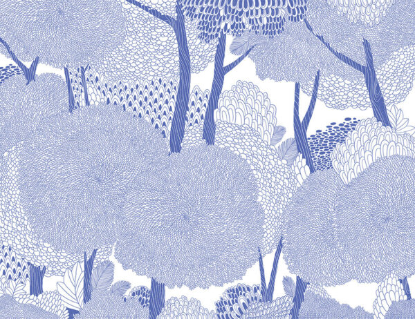 Exklusive Tapete mit grafischen Bäumen in Blautönen auf weißem Hintergrund