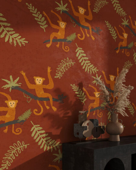 Fototapete mit Affen und Illustrationen von tropischen grünen Blättern Muster für das Schlafzimmer
