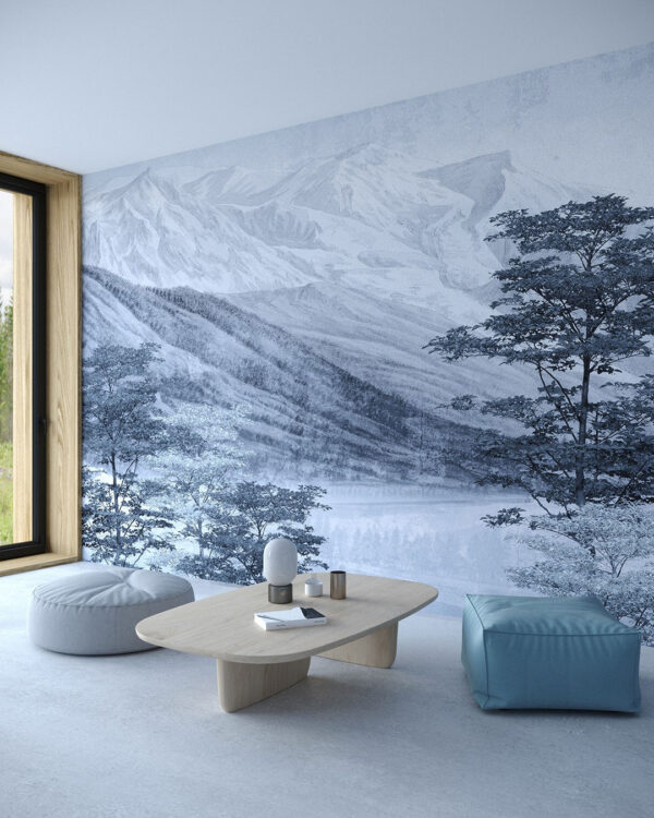 Wandtapete mit Bäumen auf dem Hintergrund einer Berglandschaft für Wohnzimmer