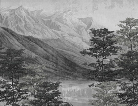 Vintage Radierung grauer See und Berge Fototapete