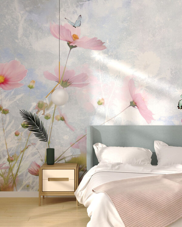 Fototapete mit rosa Gänseblümchen und Schmetterlingen gegen den Himmel für das Schlafzimmer