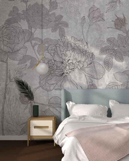 Fototapete mit gravierten Rosen und Pfingstrosen auf dekorativem Hintergrund in Grautönen für das Schlafzimmer