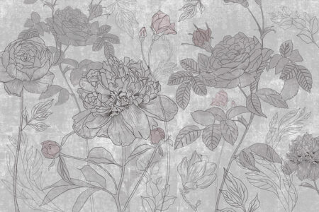 Fototapete mit gravierten Rosen und Pfingstrosen auf dekorativem Hintergrund in Grautönen