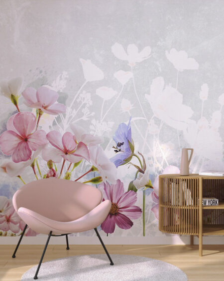 Fototapete rosa Gänseblümchen und Phloxblüten auf dekorativem Hintergrund in Grautönen fürs Wohnzimmer