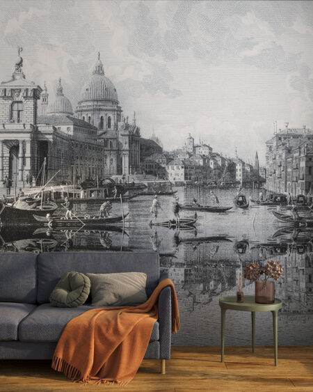 Fototapete Venedig mit Gondeln auf dem Fluss in Grautönen fürs Wohnzimmer