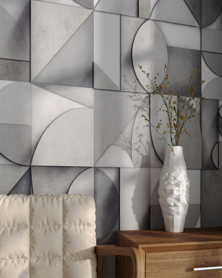 3D-Tapete mit Geometrie von Ovalen, Dreiecken und anderen Formen in Grautönen für das Schlafzimmer