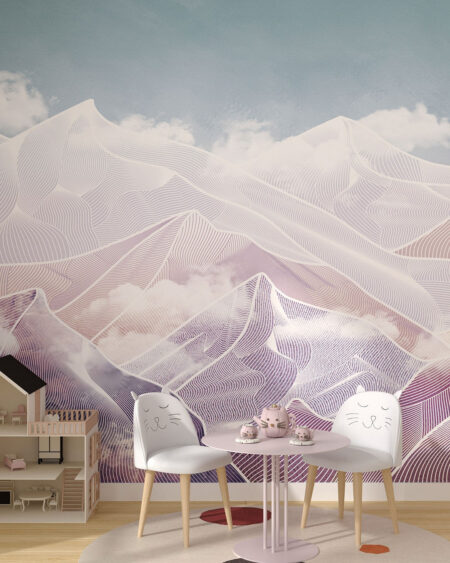 Fototapete mit Abstraktion von grafischen Bergen gegen den Himmel mit Wolken fürs Kinderzimmer