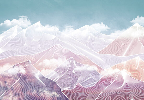 Fototapete mit Abstraktion von grafischen Bergen in Rosa-, Beige- und Grautönen gegen den Himmel mit Wolken