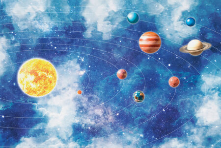 Fototapete Sonnensystem auf Weltraumhintergrund in dunkelblauen und lila Tönen