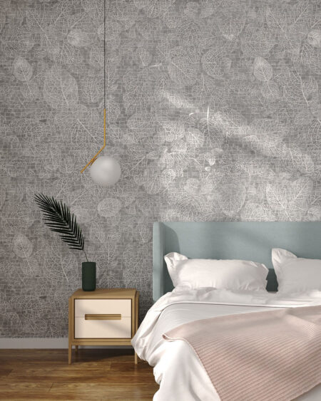 Fototapete Muster mit gemalten Konturblättern auf strukturiertem Hintergrund in Grautönen für das Schlafzimmer