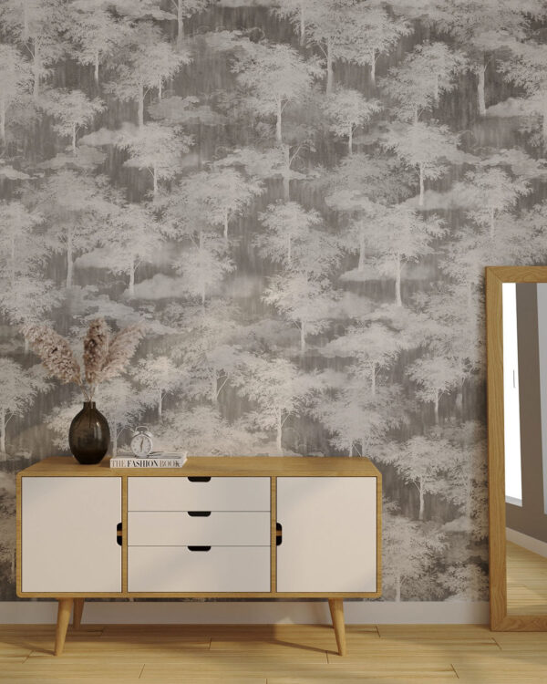 Fototapete Muster mit Grafiken von kleinen weißen Bäumen und Wolken auf grauem Hintergrund für das Schlafzimmer