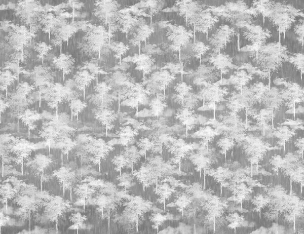 Fototapete Muster mit Grafiken von kleinen weißen Bäumen und Wolken auf grauem Hintergrund