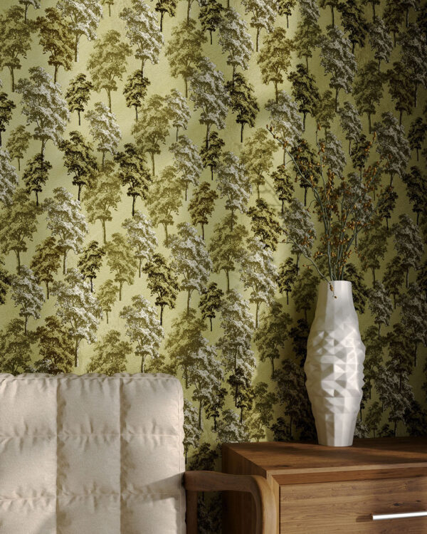 Fototapete Muster mit Grafiken von kleinen Bäumen in Grüntönen auf olivfarbenem Hintergrund für das Schlafzimmer