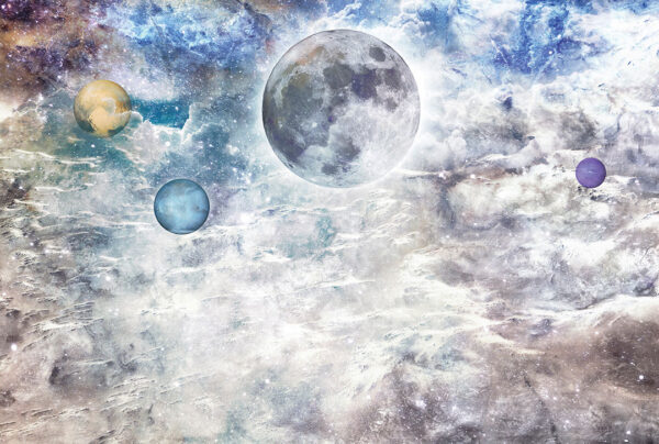 Designer Fototapete mit Mond und kleinen Planeten auf Weltraumhintergrund in hellen Grau-, Beige- und Blautönen