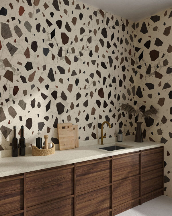 Terrazzo Tapete Texturfliesen in Braun- und Beigetönen für die Küche