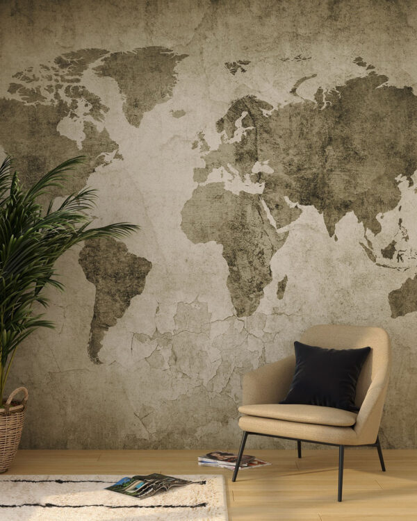 Fototapete Weltkarte Vintage in dunklen Khaki-Tönen auf strukturiertem Wandhintergrund für das Wohnzimmer