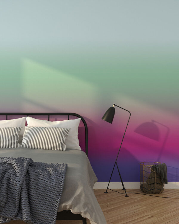 Tapete Farbverlauf in Grün-, Dunkelrosa- und Lila-Tönen für das Schlafzimmer
