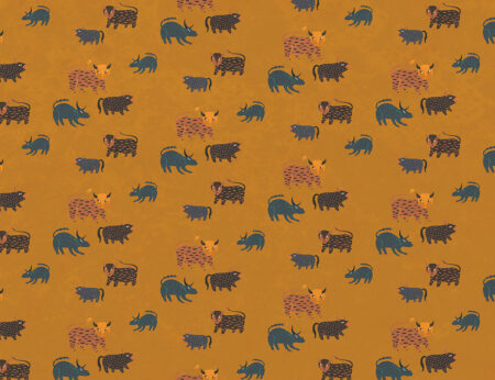 Fototapete Pattern mit gemalten bizarren Bisons auf orange-braunem Hintergrund