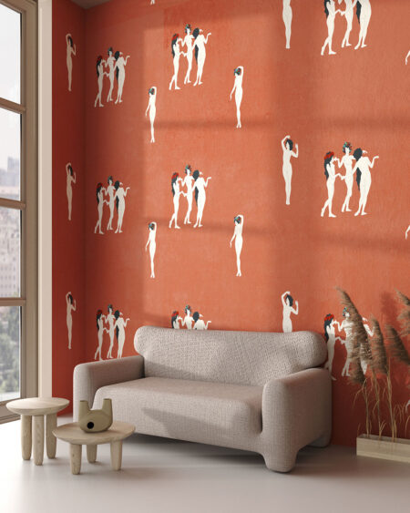 Exklusiv Tapete mit tanzenden Frauen in Kränzen Muster auf rot-grauem Hintergrund für Wohnzimmer
