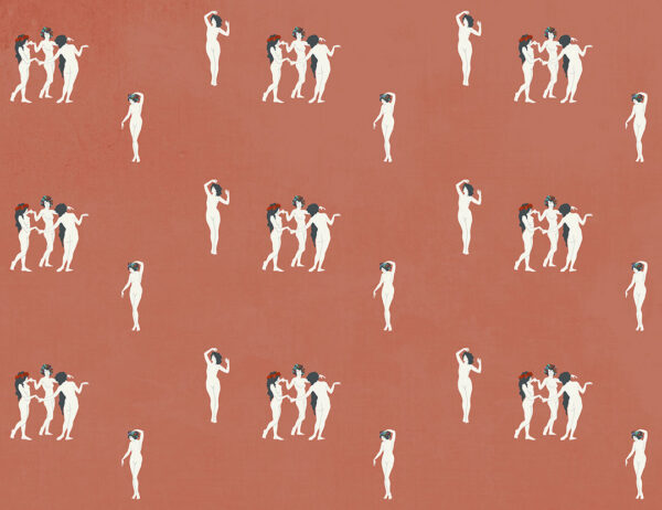 Exklusiv Tapete mit tanzenden Frauen in Kränzen Muster auf blassrot Hintergrund