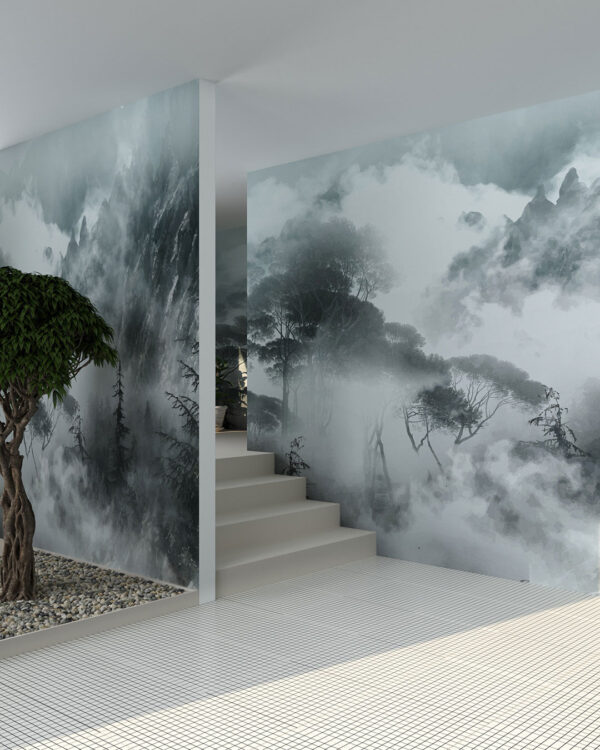 Fototapete Landschaft von Berggipfeln mit Bäumen im Nebel in dunklen Grautönen für Wohnzimmer