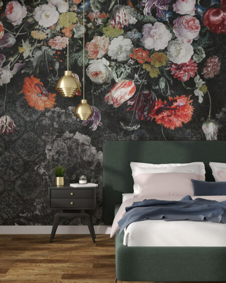 Fototapete Blumenstrauß aus bunten Blumen auf einem dunkelgrauen strukturierten Hintergrund mit einem dunkeltürkisen Ornament für Schlafzimmer