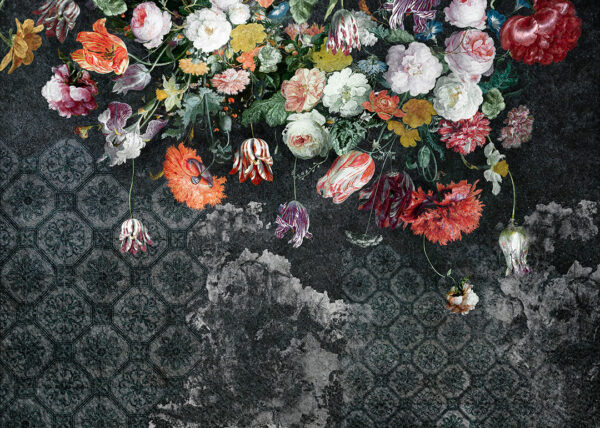 Fototapete Blumenstrauß aus bunten Blumen auf einem schwarz-grauen strukturierten Hintergrund mit einem dunkeltürkisen Ornament