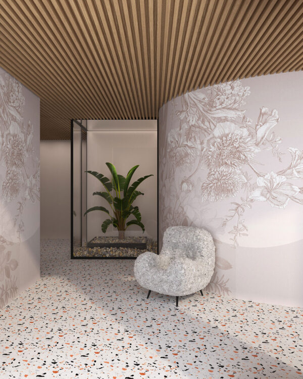 Fototapete mit einem grafischen Bild verschiedener Blumen mit einem Kreis in Beigetönen fürs Wohnzimmer