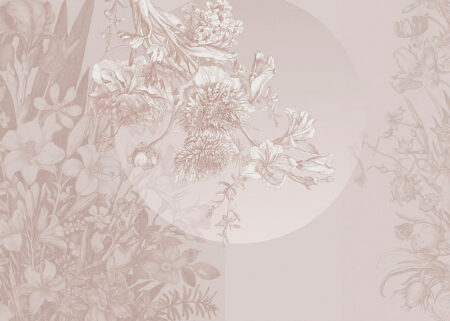 Asymmetrische Fototapete mit zarten Blumen und Geometrie in Rosatönen