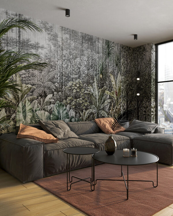 Fototapete mit grafischen Pflanzenbildern in Grün-, Oliv- und Dunkelgrautönen mit Strukturstreifen fürs Wohnzimmer