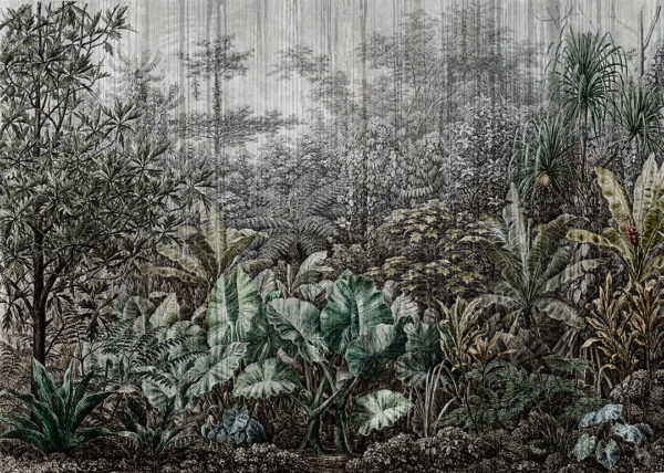 Fototapete mit grafischen Pflanzenbildern in Grün-, Oliv- und Dunkelgrautönen mit Strukturstreifen