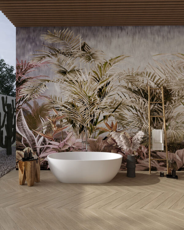 Fototapete mit tropische Blätter in oliv-rosa Tönen auf dekorativem Hintergrund für Badezimmer