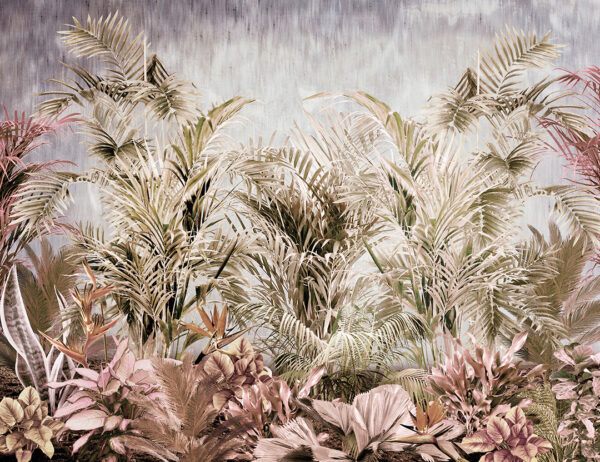 Fototapete mit tropischen Blättern in oliv-rosa Tönen auf dekorativem Hintergrund