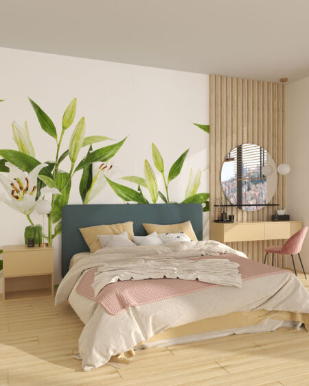 Wandtapete mit großen weißen Lilien auf weißem Hintergrund für Schlafzimmer