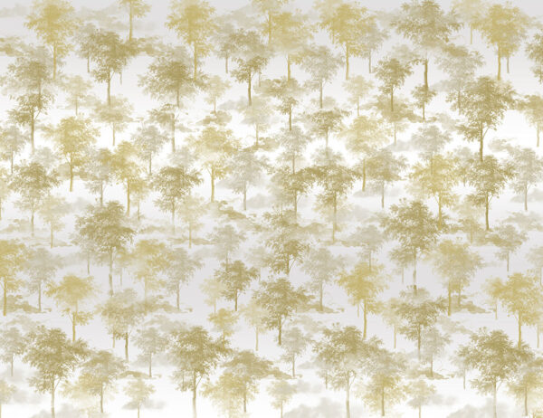 Fototapete Muster mit Grafiken von kleinen Bäumen in Braun-Beige-Tönen mit Wolken auf hellem Hintergrund