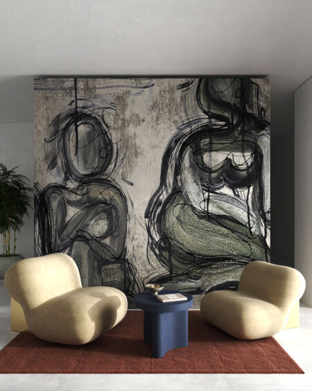 Designer-Fototapete mit grafischem Bild von zwei Personen in geschwungenen Linien auf grauem dekorativem Hintergrund fürs Wohnzimmer