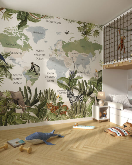 Fototapeten Weltkarte Tropen mit bemalten Tieren und grünen tropischen Pflanzen auf weißem Hintergrund für Kinderzimmer