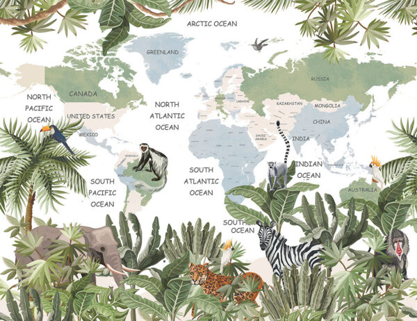 Fototapeten Weltkarte Dschungel mit bemalten Tieren und grünen tropischen Pflanzen auf weißem Hintergrund