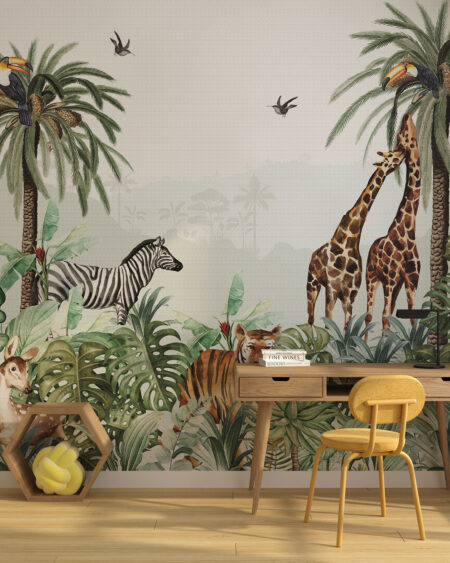 Wandtapete mit afrikanischen Tieren im Hintergrund einer tropischen Landschaft fürs Kinderzimmer