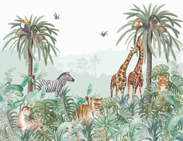 Wandtapete mit afrikanischen Tieren im Hintergrund einer tropischen Landschaft