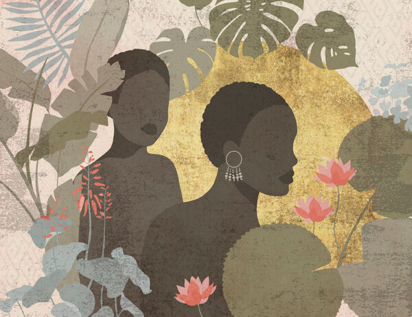 Fototapete Afrika mit zwei schönen dunkelhäutigen Frauen auf dekorativem Hintergrund mit tropischen Pflanzen