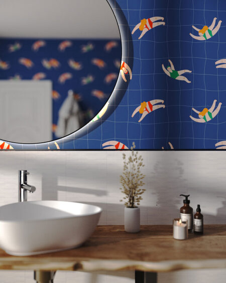 Fototapete Muster mit bemalten Schwimmern auf dunkelblauem Hintergrund mit karierter Struktur für Badezimmer