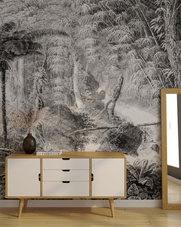 Fototapete mit Gravur eines Regenwald in Schwarzweiß für das Schlafzimmer