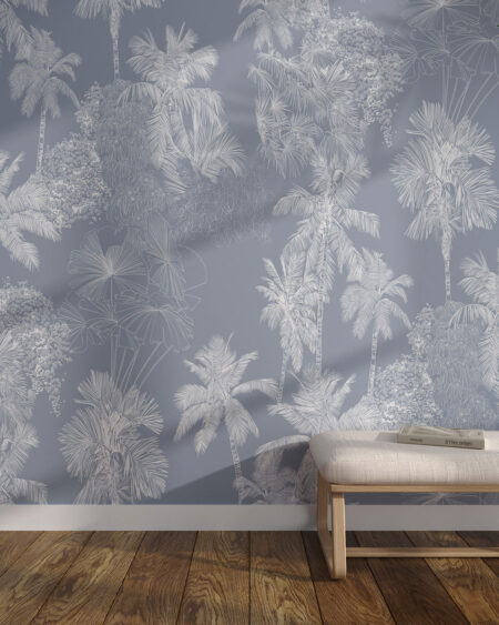Fototapete Muster mit Gravur weißer Palmen auf graublauem Hintergrund fürs Wohnzimmer